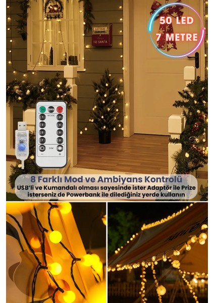 50 Ledli Usbli Kumandalı 8 Modlu 8 Metre Toplu Işık Parti Süsleme Organizasyon Sarı Işık