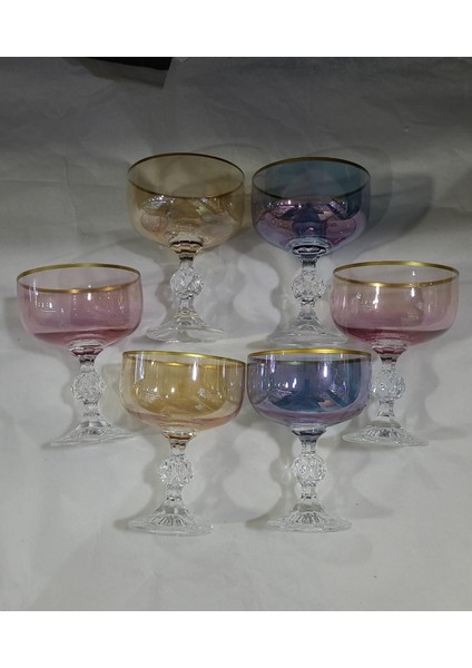 Crystal Ağız Altın Lüster 3 Renk Ayaklı Bardak 6'lı 200CC Dondurmalık Home Ev Ürün Çerezlik