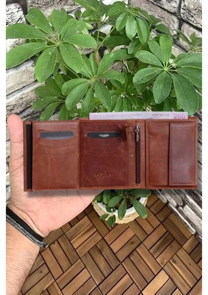 Deri Çok Bölmeli Dikey Antik Taba Erkek Cüzdanı (T1678)