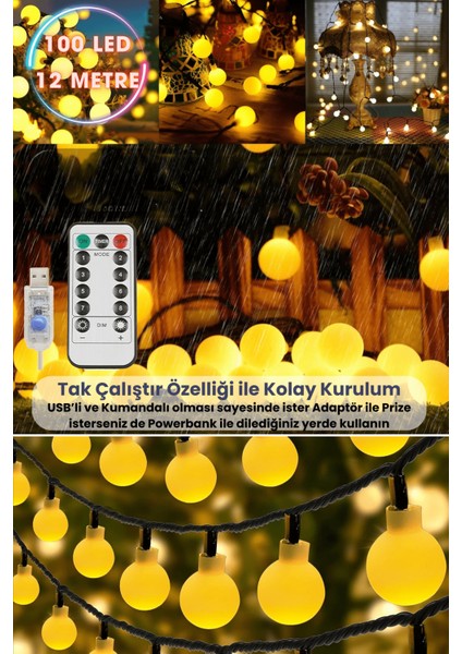 100 Ledli Usbli Kumandalı 8 Modlu 12 Metre Toplu Işık Parti Süsleme Organizasyon Sarı Işık