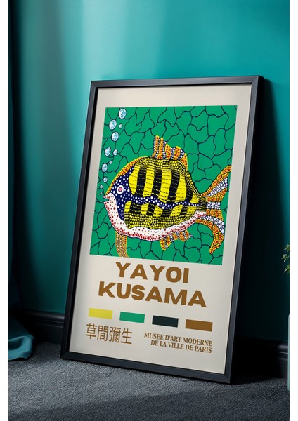 Yayoi Kusama Sanat ve Minimalizmin Buluştuğu Doğal Ahşap Çerçeveli Balık Tablo