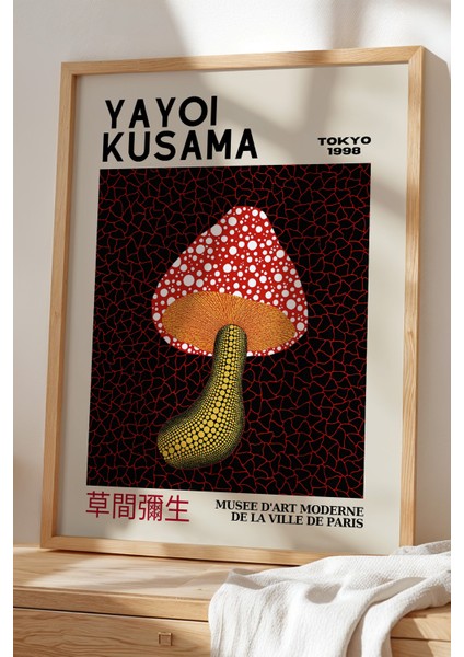 Modern Japandi Dekor: Doğal Ahşap Çerçeveli Noktalı Mantar Sanat Tablosu