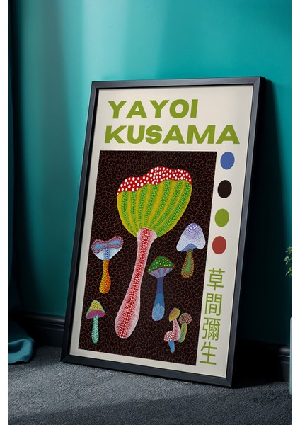 Modern Japandi Dekor: Doğal Ahşap Çerçeveli Noktalı Mantar Sanat Tablosu