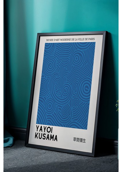 Mavi Soyut Dalgalar Japandi Tablo - Doğal Ahşap Çerçeveli