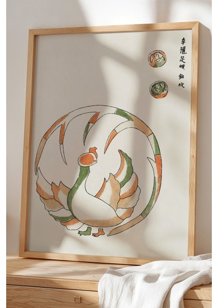 Japandi Serisi Doğal Ahşap Çerçeveli Tablo – Minimalist Kuş Deseni