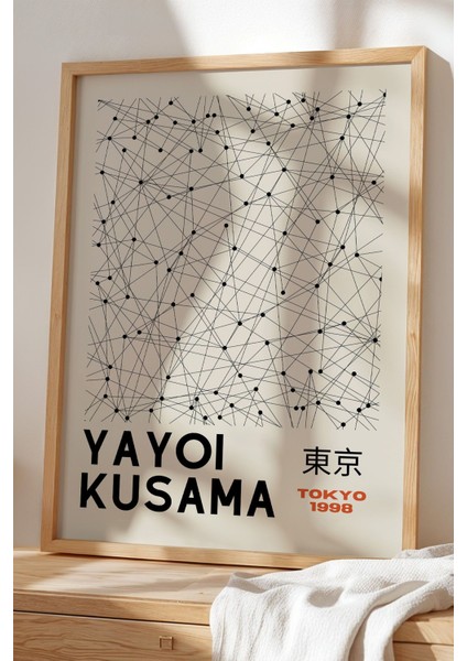 Doğal Ahşap Çerçeveli Kusama Noktalar Japandi Tablo