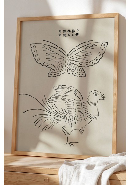 Japandi Serisi Doğal Ahşap Çerçeveli Tablo – Minimalist Kuş Deseni