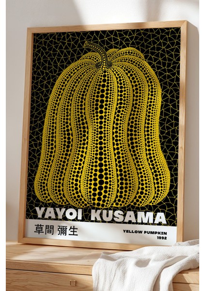 Sarı Kabak Japandi Sanat Tablosu - Doğal Ahşap Çerçeveli