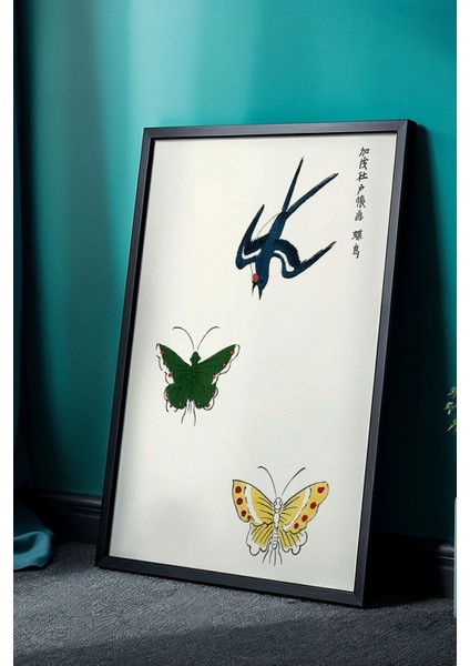 Japandi Serisi Doğal Ahşap Çerçeveli Tablo – Zarif Kuş ve Doğa Dokunuşu