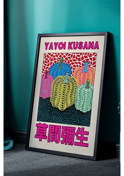 Yayoi Kusama Stili Renkli Kabaklar: Doğal Ahşap Çerçeveli Japandi Tablo