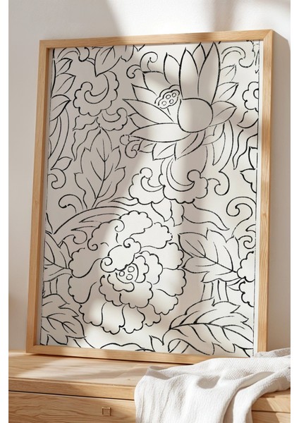 Doğal Ahşap Çerçeveli Japandi Lotus Çiçeği Çizgisel Tablo