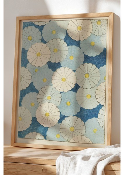 Doğal Ahşap Çerçeveli Japandi Tablo - Zen Bahçesi ve Çiçekler