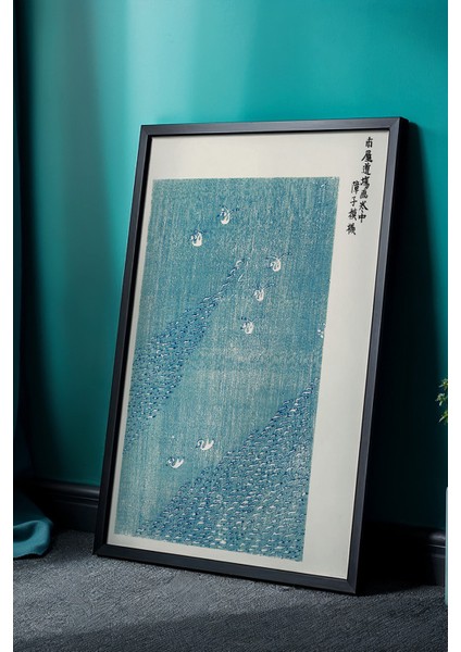 Doğal Ahşap Çerçeveli Japandi Mavi Dalga Motifli Tablo