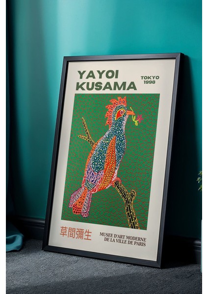 Doğanın Sesi: Yeşil Mozaik Üzerine Renkli Kuş Doğal Ahşap Çerçeveli Japandi Tablo