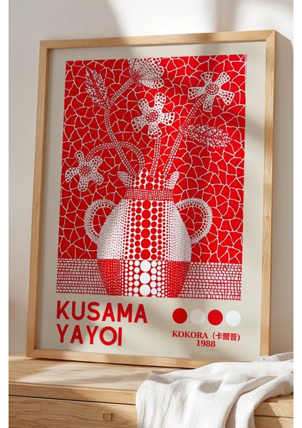 Zen Dokunuşu: Kırmızı Mozaik Çiçekler ile Doğal Ahşap Çerçeveli Japandi Tablo