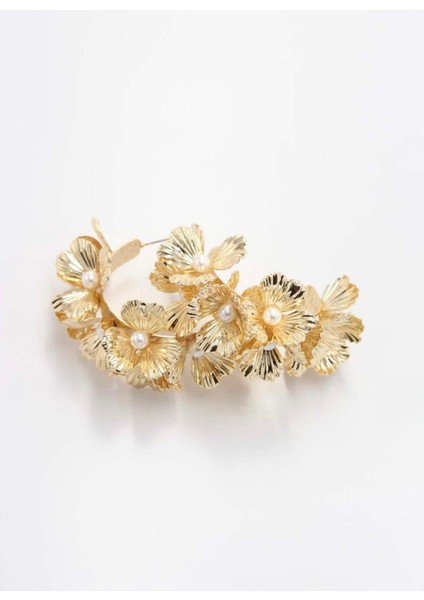 Gold Çelik Büyük Inci Detaylı Çiçek Küpe