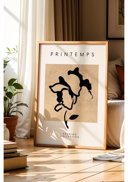 Printemps Soyut Çizim Kahverengi Minimalist Doğal Ahşap Çerçeveli Duvar Tablosu