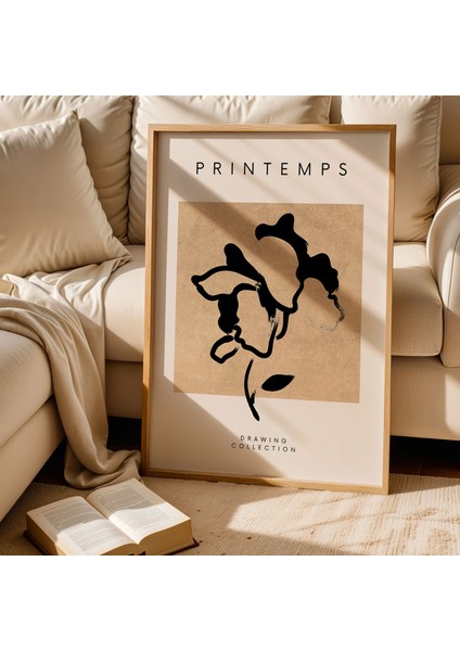 Printemps Soyut Çizim Kahverengi Minimalist Doğal Ahşap Çerçeveli Duvar Tablosu fiyatları