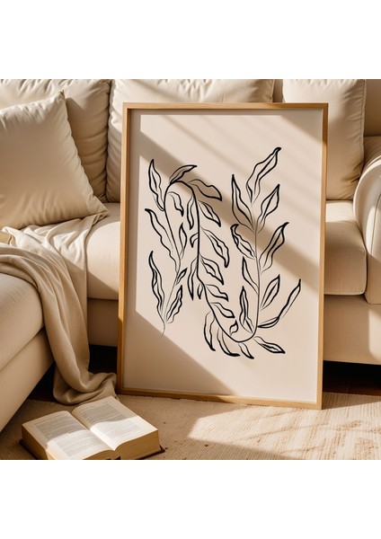 Botanik Çizim Siyah Beyaz Minimalist Doğal Ahşap Çerçeveli Duvar Tablosu fiyatları