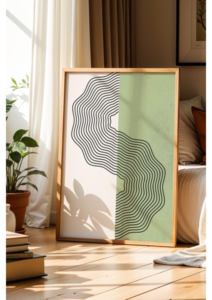Minimalist Yeşil Renkli Soyut Ahşap Çerçeveli Duvar Tablosu