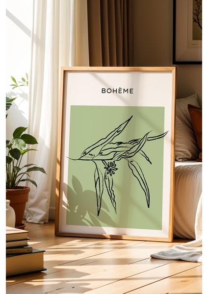 Bohem Tarzı Botanik Yeşil Renkli Doğal Ahşap Çerçeveli Duvar Tablosu