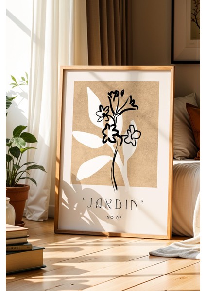 Jardin Botanik Çizim Kahverengi Minimalist Doğal Ahşap Çerçeveli Duvar Tablosu