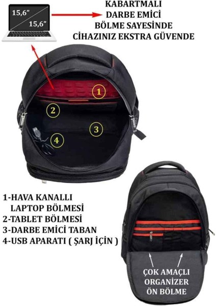 Dada 01 Darbe Emici USB Aparatlı Su Geçirmez Kumaş 15.6 Inç Suluk Bölmeli Ped Korumalı Sırt Çantası modelleri