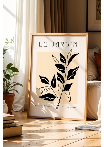 Le Jardin Botanik Çizim Bej Minimalist Doğal Ahşap Çerçeveli Duvar Tablosu