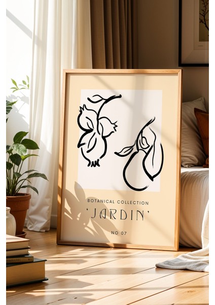 Jardin Serisi Meyve Çizimi Minimalist Bej Mutfak Doğal Ahşap Çerçeveli Duvar Tablosu