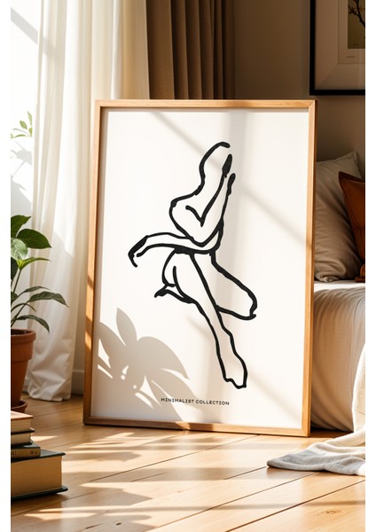 Minimalist Kadın Portre Çizimi Doğal Ahşap Çerçeveli Duvar Tablosu
