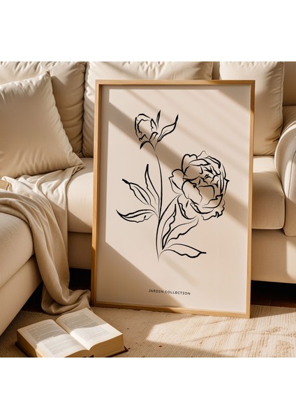 Botanik Gül Çizimi Siyah Beyaz Minimalist Doğal Ahşap Çerçeveli Duvar Tablosu fiyatları