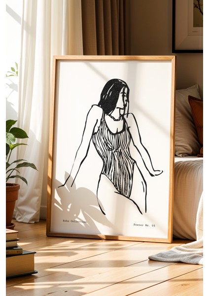 Bohem Tarzı Kadın Figürü Minimalist Çizim Doğal Ahşap Çerçeveli Duvar Tablosu