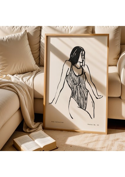 Bohem Tarzı Kadın Figürü Minimalist Çizim Doğal Ahşap Çerçeveli Duvar Tablosu fiyatları