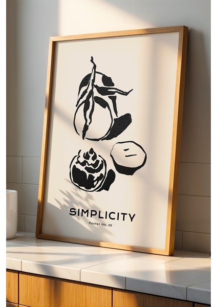 Bohem Tarzı Minimalist Çizim Meyve Figürü Doğal Ahşap Çerçeveli Duvar Tablosu