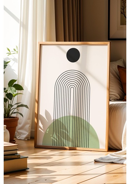 Minimalist Yeşil Renkli Geometrik Doğal Ahşap Çerçeveli Duvar Tablosu