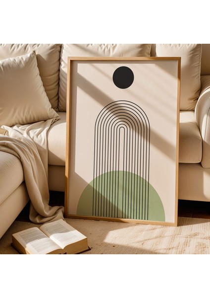 Minimalist Yeşil Renkli Geometrik Doğal Ahşap Çerçeveli Duvar Tablosu fiyatları