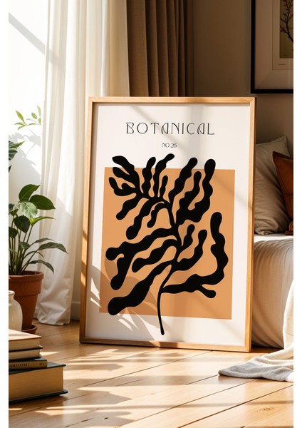 Bohem Tarzı Botanik Çizim Kahverengi Minimalist Doğal Ahşap Çerçeveli Duvar Tablosu