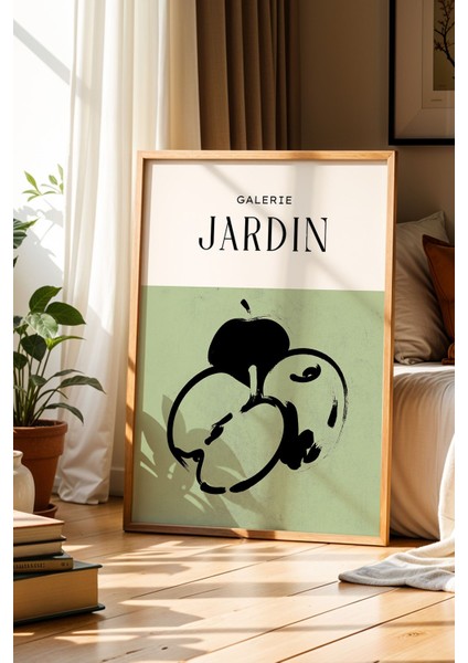 Jardin Serisi Yeşil Renkli Minimalist Meyve Çizimleri Mutfak Doğal Ahşap Çerçeveli Duvar Tablosu