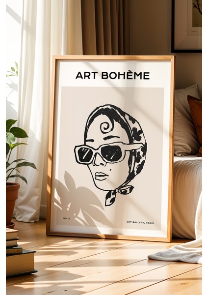 Retro Kadın Portresi Doğal Ahşap Çerçeveli Bohem Duvar Tablosu