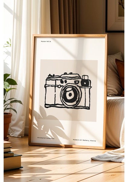 Retro Kamera Minimalist Çizim Doğal Ahşap Çerçeveli Duvar Tablosu
