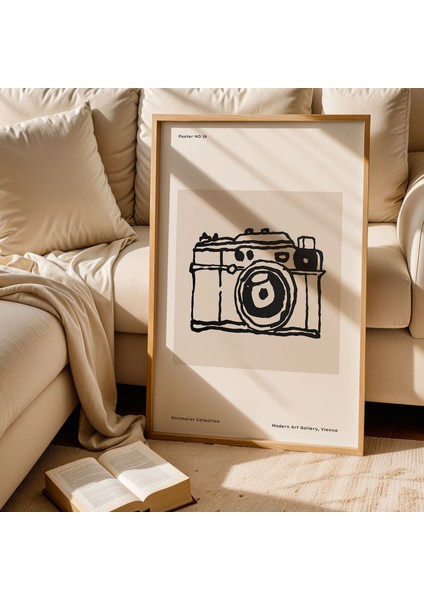 Retro Kamera Minimalist Çizim Doğal Ahşap Çerçeveli Duvar Tablosu fiyatları