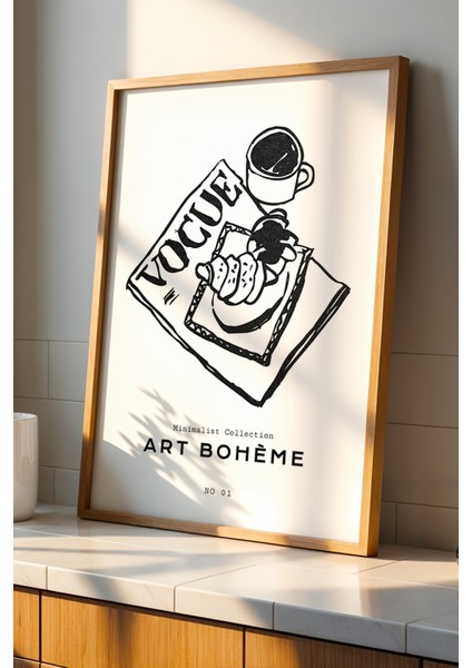 Art Bohem Vogue ve Kahve Konseptli Doğal Ahşap Çerçeveli Mutfak Duvar Tablosu