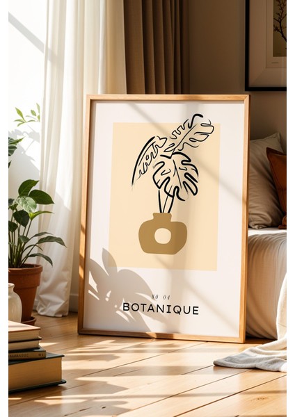 Botanik Çizim Bej Minimalist Doğal Ahşap Çerçeveli Duvar Tablosu