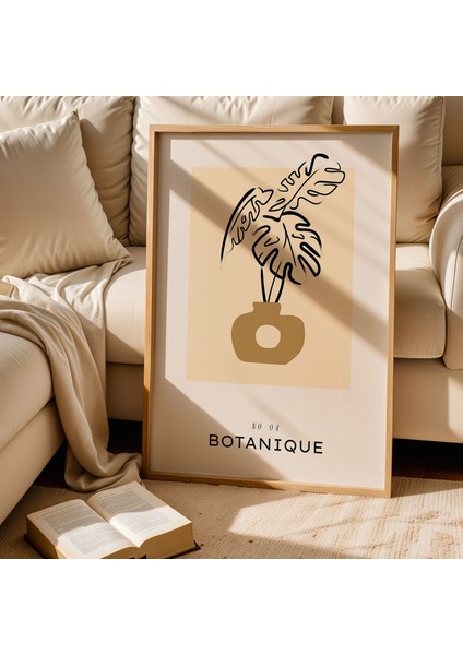Botanik Çizim Bej Minimalist Doğal Ahşap Çerçeveli Duvar Tablosu fiyatları