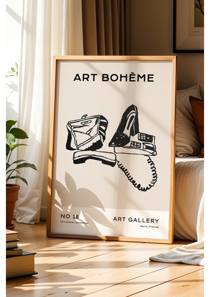 Art Bohem Minimalist Çizimi Doğal Ahşap Çerçeveli Duvar Tablosu