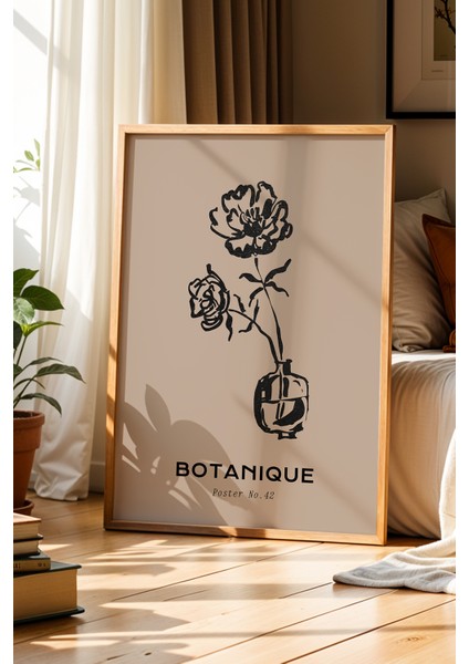 Dekoratif Vazo ve Çiçek Minimalist Çizimi Bohem Doğal Ahşap Çerçeveli Duvar Tablosu