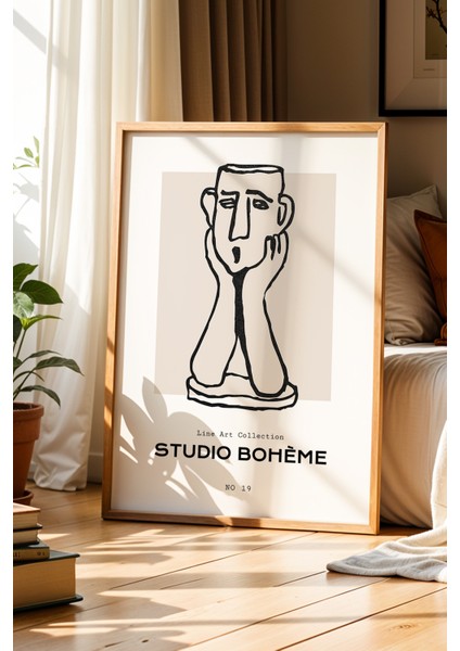 Stüdyo Bohem Vintage Çizimi Doğal Ahşap Çerçeveli Duvar Tablosu