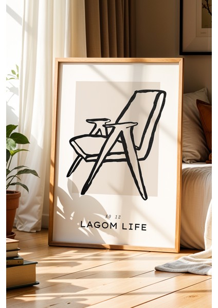 Lagom Life Ahşap Koltuk ve Sehpa Çizimi Doğal Ahşap Çerçeveli Duvar Tablosu