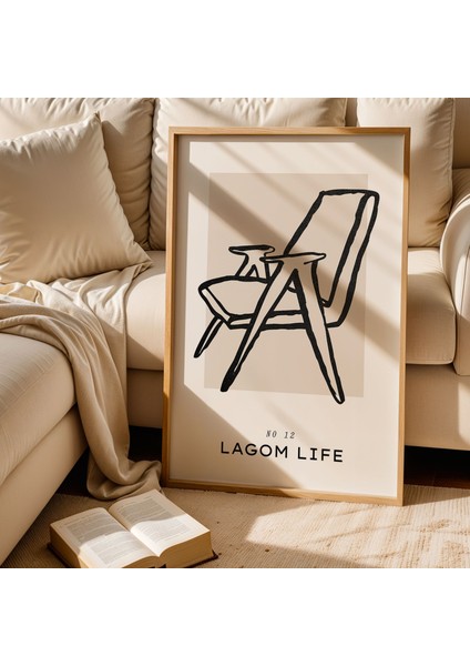 Lagom Life Ahşap Koltuk ve Sehpa Çizimi Doğal Ahşap Çerçeveli Duvar Tablosu fiyatları