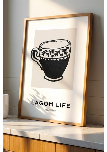 Lagom Life Vintage Kupa Çizimi Doğal Ahşap Çerçeveli Mutfak Duvar Tablosu